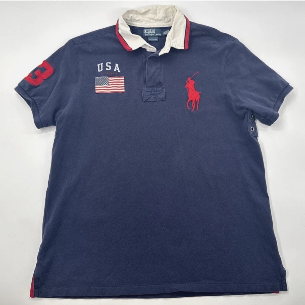 Vintage Ralph Lauren Polo Rugby Shirt Mens XL Blue Big Pony USA Flag Patch Red 3